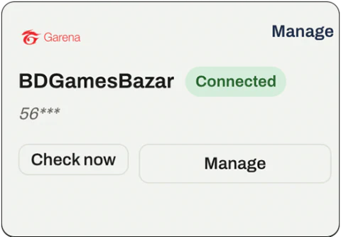 The BDGamesBazar connection in the Karauti console: connected,
                    with the account identifier masked.