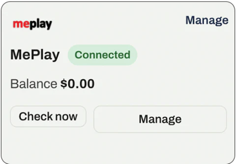 The MePlay connection in the Karauti console: connected,
                    with the account identifier masked.