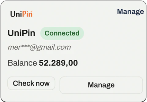 The UniPin connection in the Karauti console: connected,
                    with the account identifier masked.