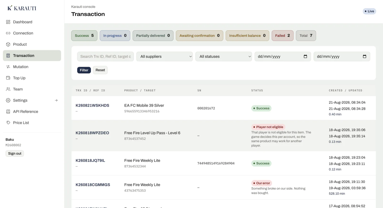 The Karauti console Transaction list: orders counted by status across
                  the top, then each order with its product, target, serial number,
                  status and how long it took.