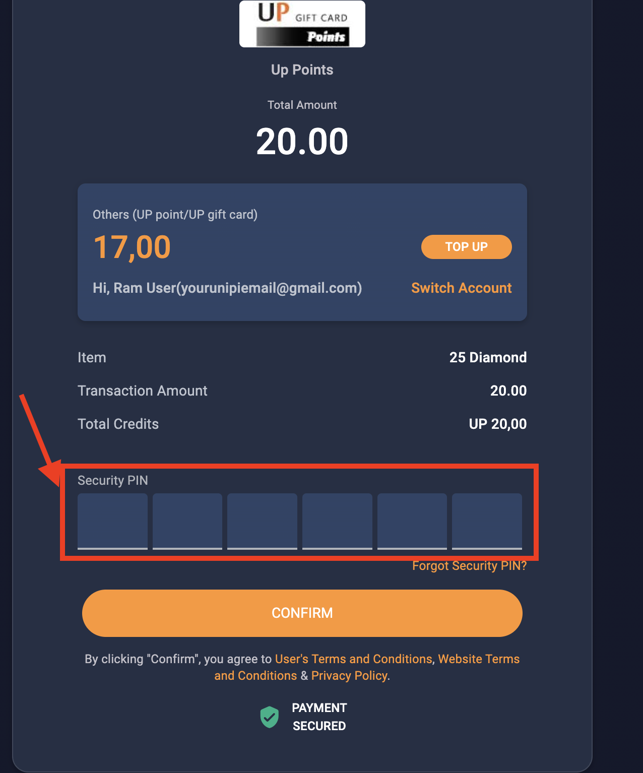 UniPin checkout with the Security PIN field highlighted