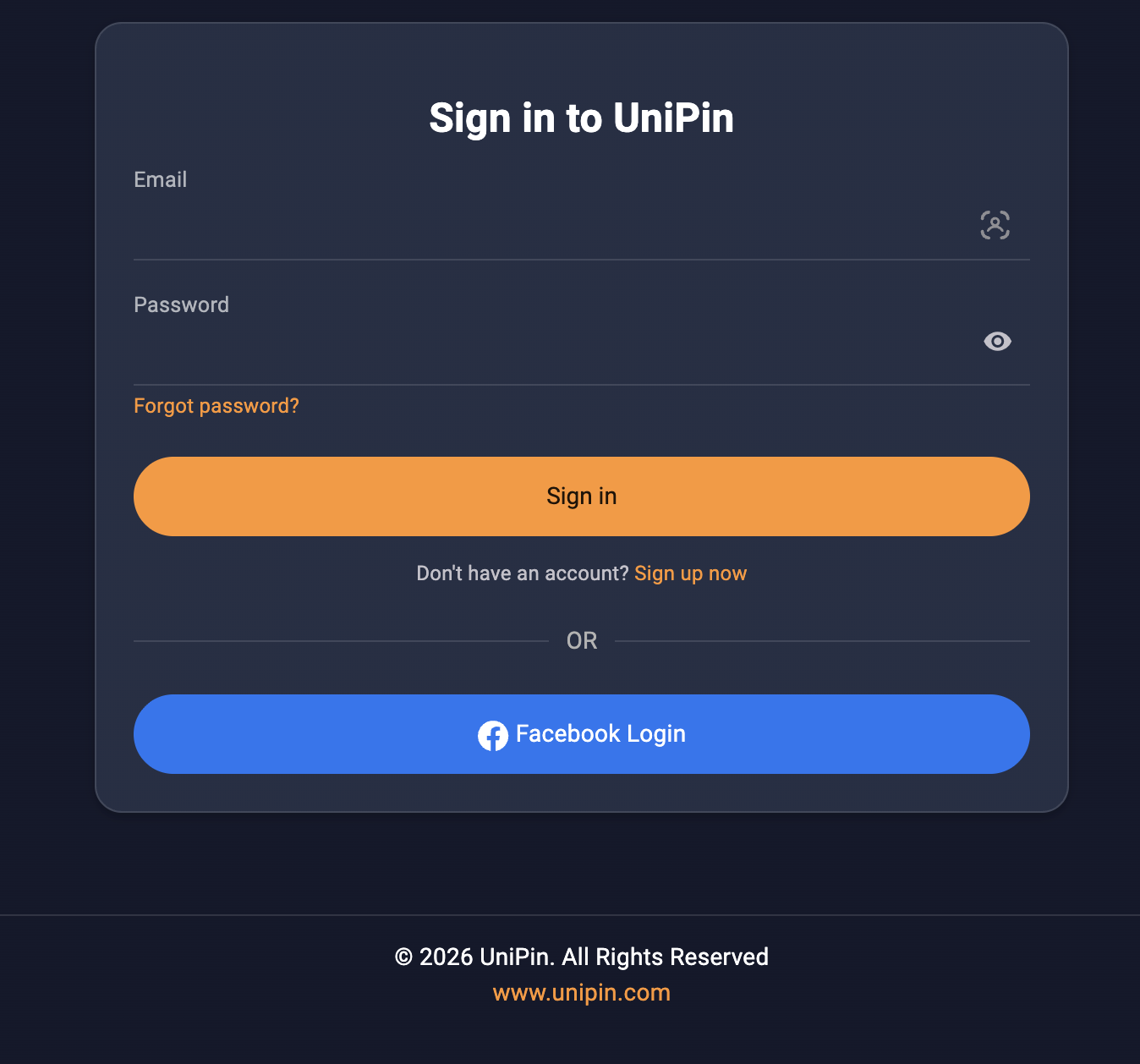 UniPin sign-in page